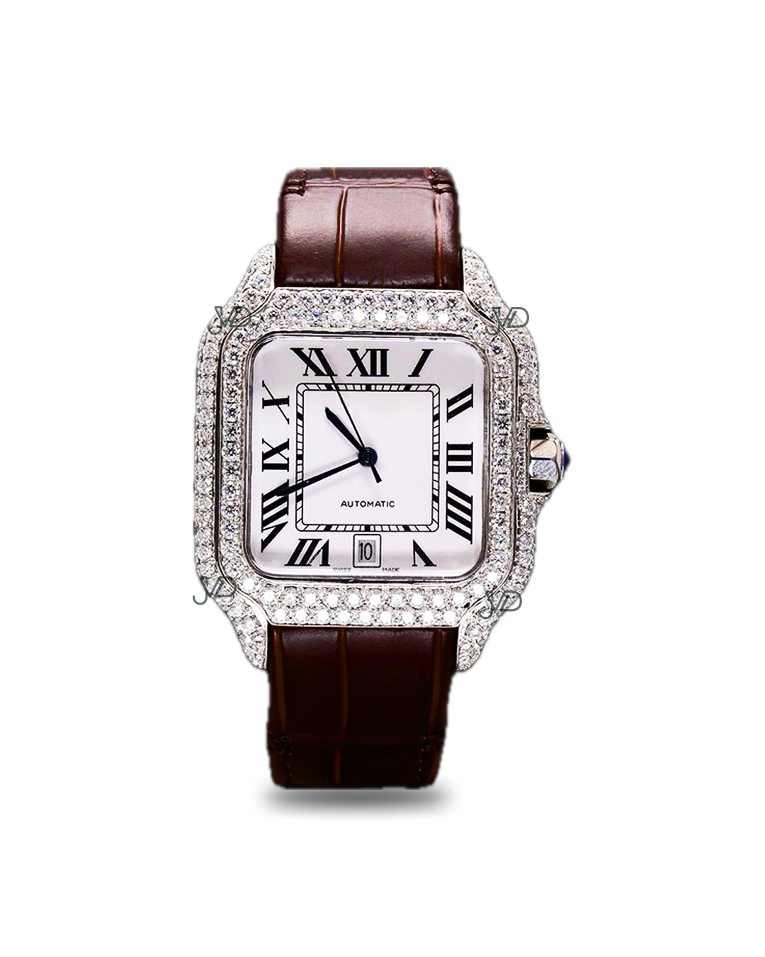 Luxury Diamond Automatic Watch with Brown Leather Strap | Square Roman Dial | JVDSON
