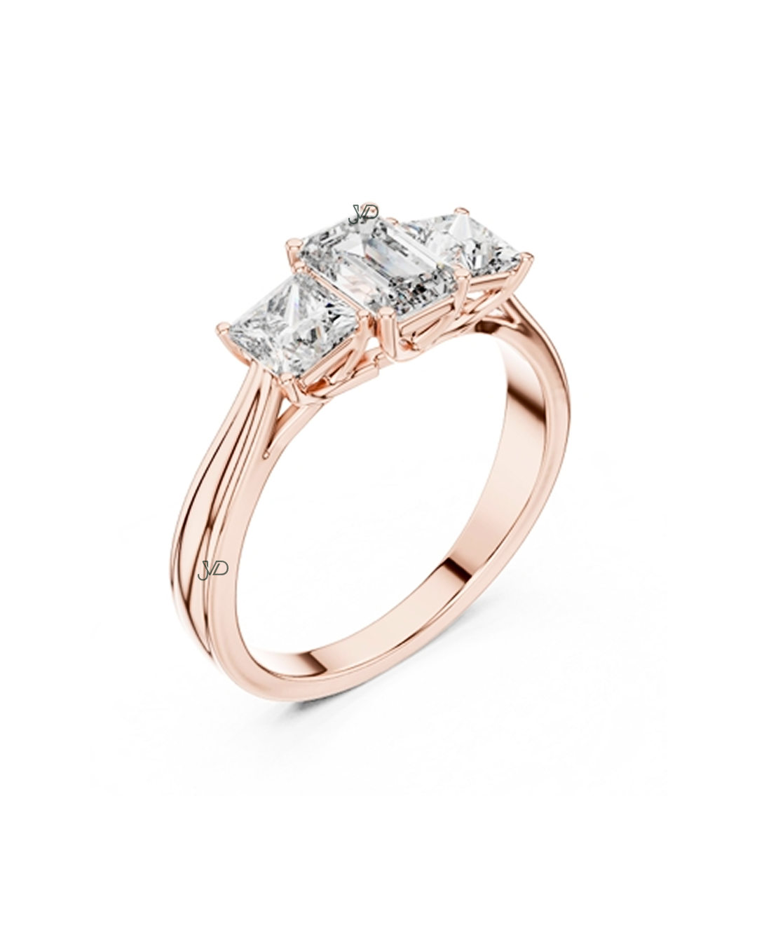 Luxury Three Stone Emerald Cut Diamond Ring in Rose Gold | Elegant Engagement Ring