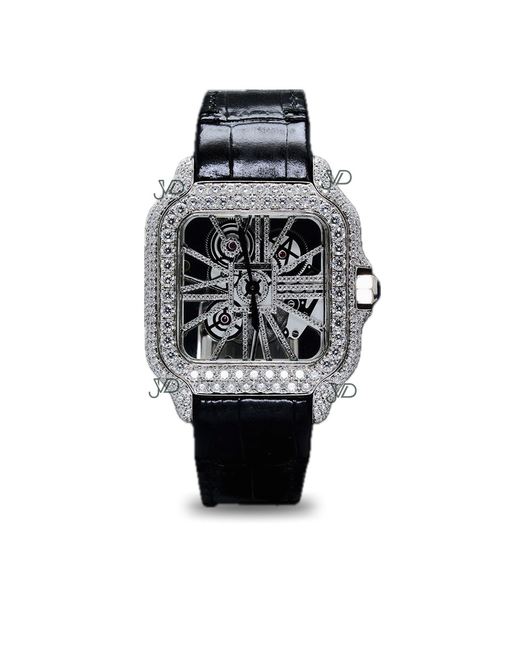 Luxury Skeleton Diamond Automatic Watch | Square Iced-Out Moissanite Dial | Black Leather Strap | JVDSON