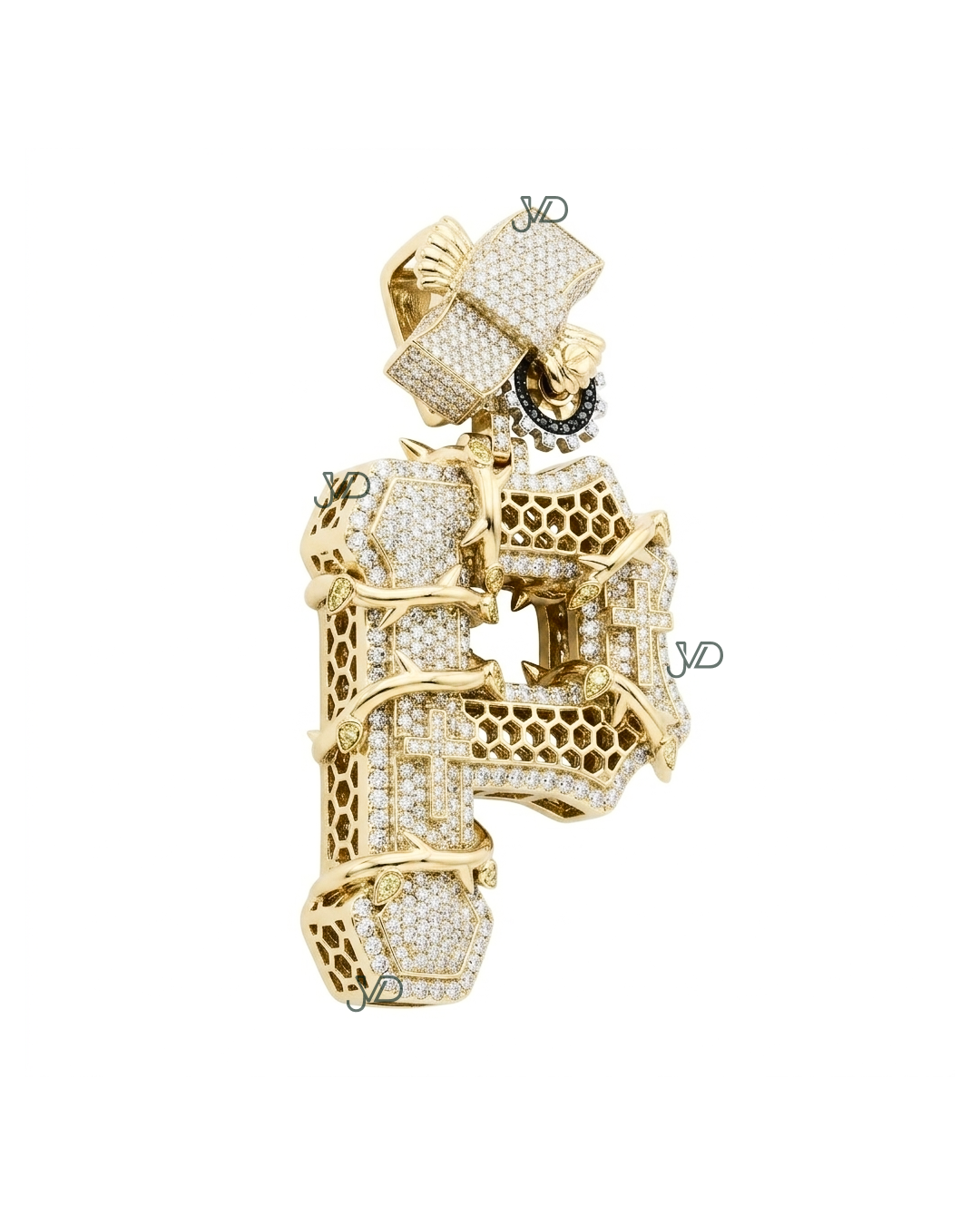 Iced-Out Cross Pendant with Crown & Thorn Design | Moissanite Diamond Gold Pendant | JVDSON thumbnail