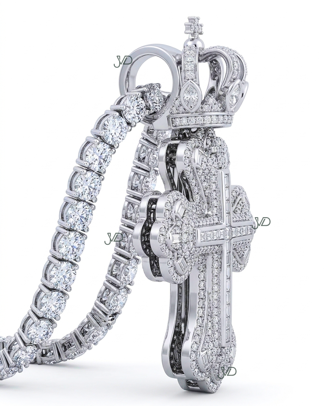 Iced-Out Crown Cross Pendant | Moissanite Diamond Hip Hop Pendant | JVDSON thumbnail