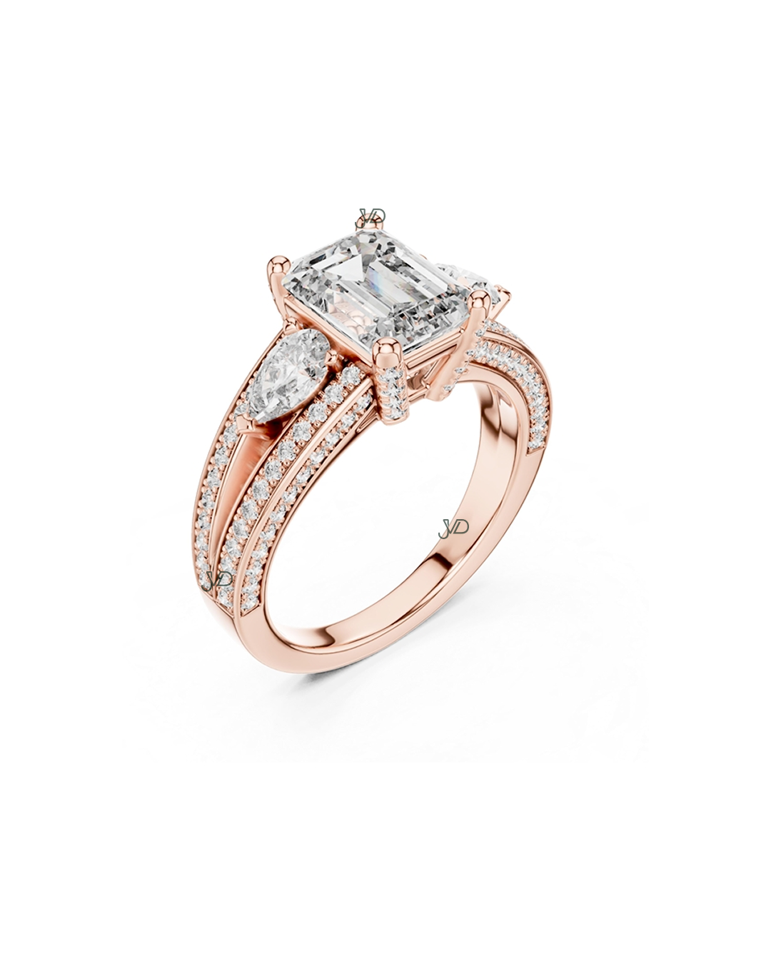 14K Rose Gold Emerald Cut Diamond Engagement Ring with Pear Side Stones | JVDSON