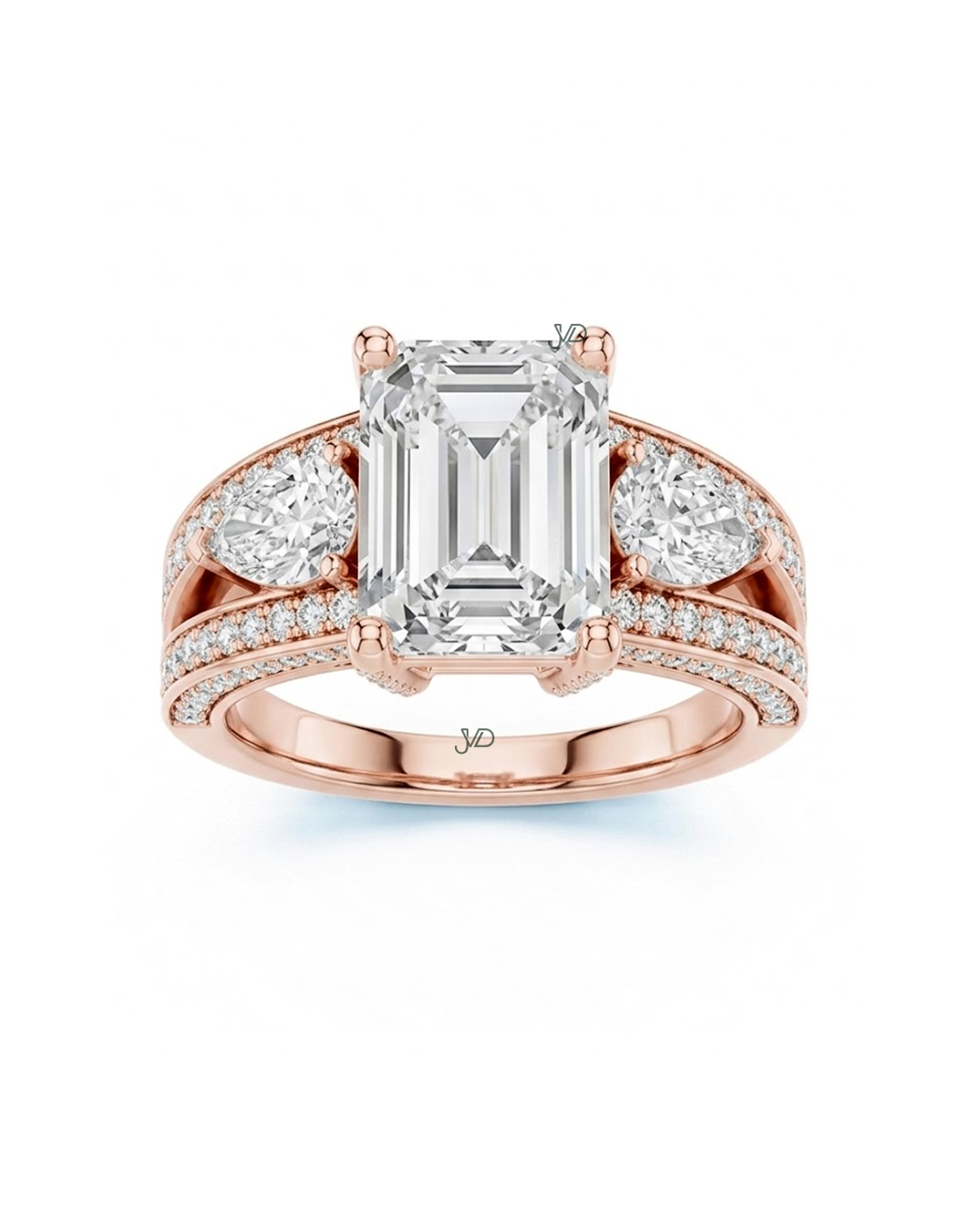 14K Rose Gold Emerald Cut Diamond Engagement Ring with Pear Side Stones | JVDSON thumbnail