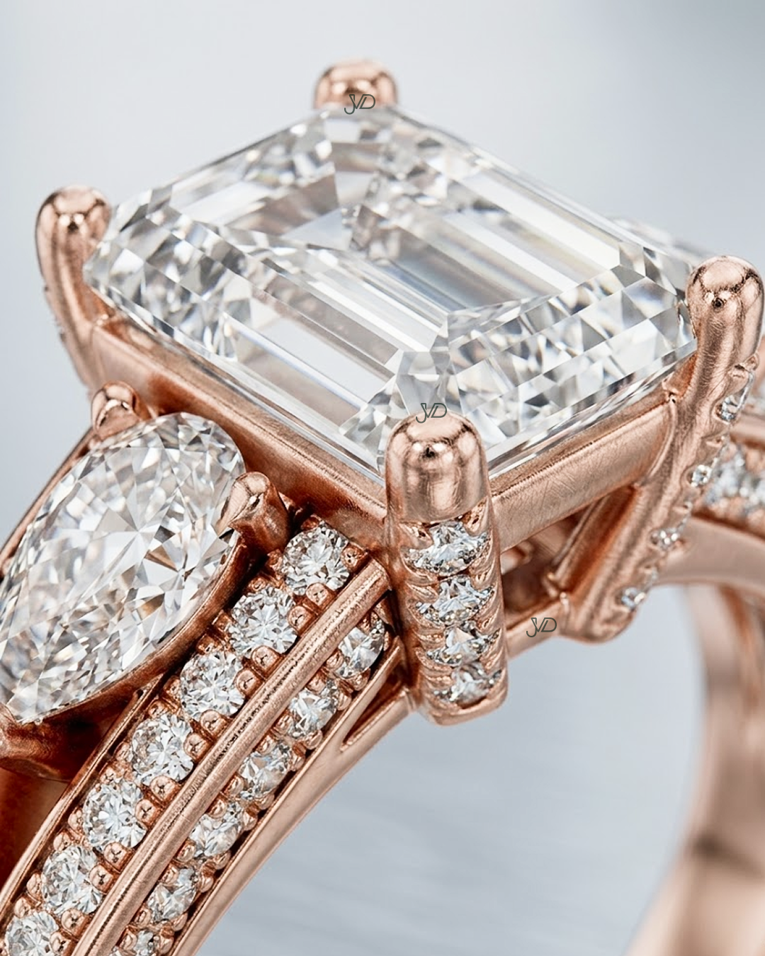 14K Rose Gold Emerald Cut Diamond Engagement Ring with Pear Side Stones | JVDSON thumbnail