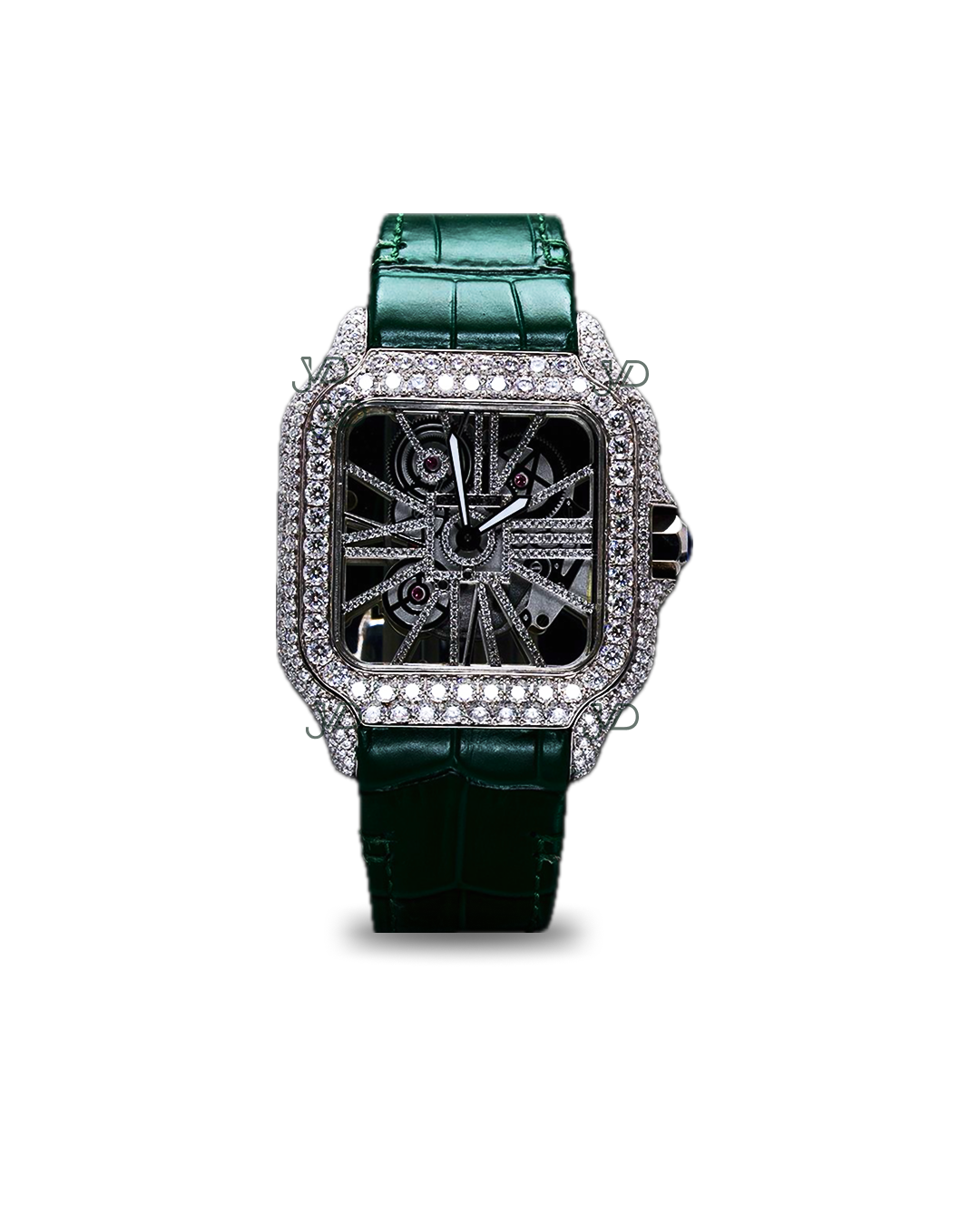 Luxury Skeleton Diamond Automatic Watch | Square Iced-Out Moissanite Dial | Green Leather Strap | JVDSON