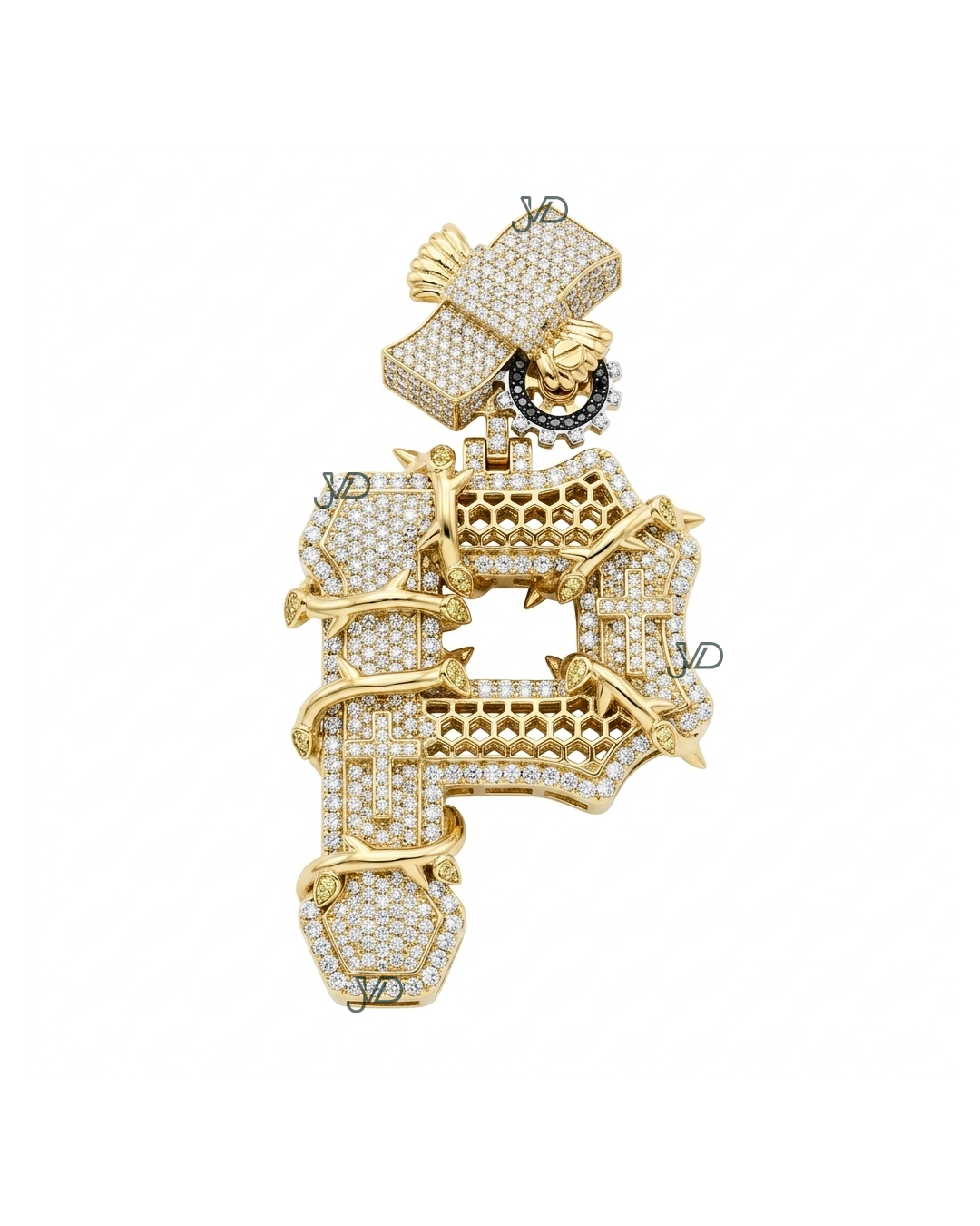 Luxury Iced-Out Cross Pendant with Crown & Thorn Design | Moissanite Diamond Gold Pendant | JVDSON
