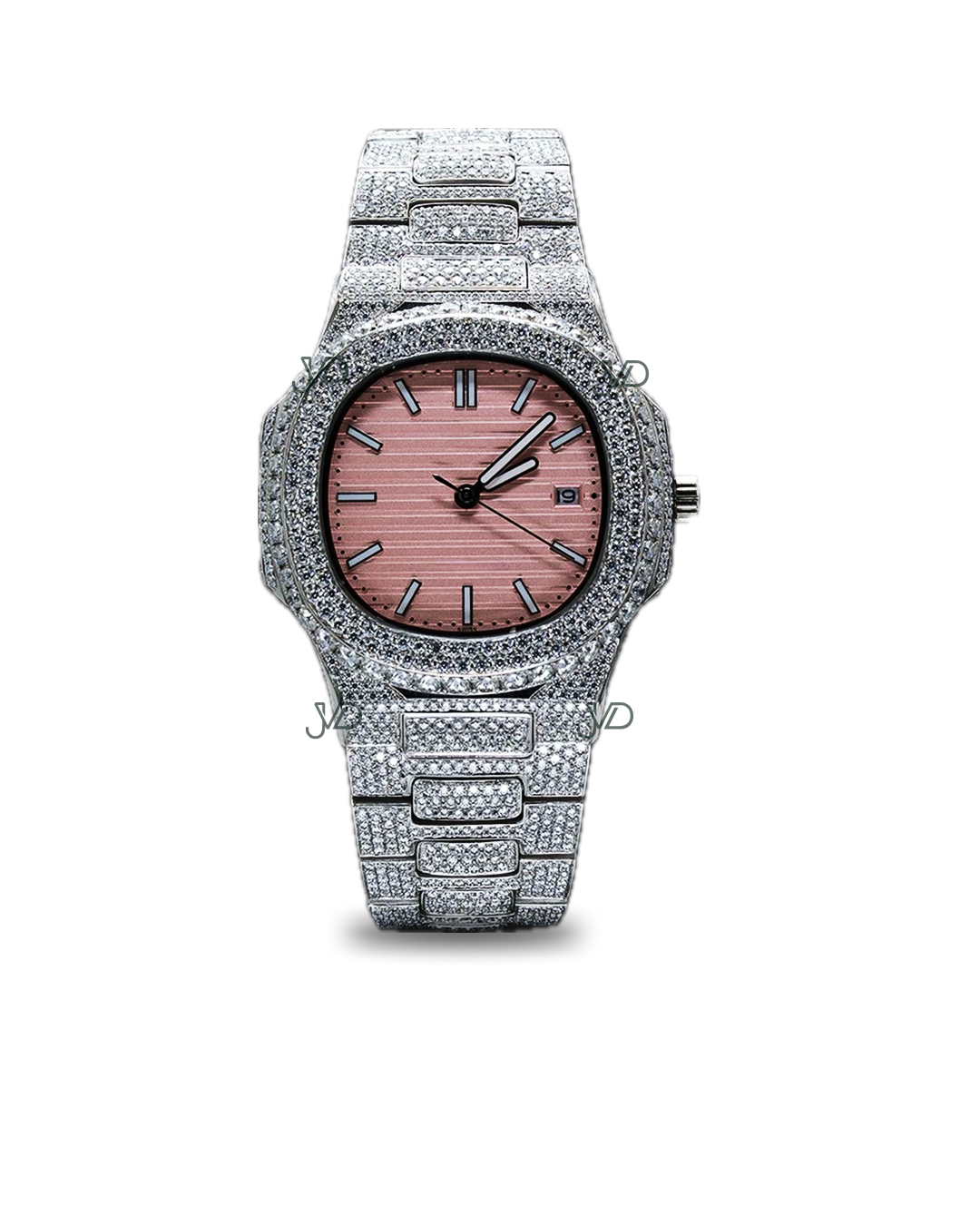 Iced Out Diamond Watch with Pink Dial in Stainless Steel | Luxury Hip Hop Watch